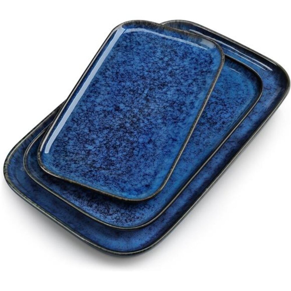 set of 3 blue rectangular serving platters trays kitchen dining party appetizer